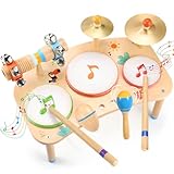 WINGYZ 11-in-1 Kids Drum Set – Montessori Baby Musical Toys & Wooden Musical Instruments for Toddlers 1-3, Music Table with Bongo Drums, Cymbals, Maracas & Wrist Bells for Early Rhythm Play