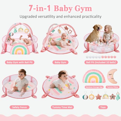 Foryoomi 7-in-1 XL Large Baby Play Gym Mat, Tummy Time Mat, Baby Gym & Ball Pit, Baby Activity Mat with Milestone Cards & 6 Detachable Toys for Sensory Motor Skill Development Rainbow