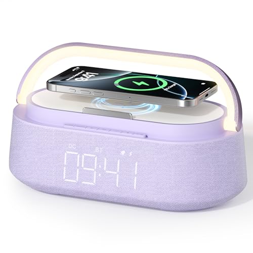 FREEFISH Altavoz Bluetooth con cargador inalámbrico, radio FM, luz nocturna LED ajustable, carga inalámbrica de 15 W para iPhone, altavoces duales de 10 W, batería de 2500 mAh, Bluetooth 5.0