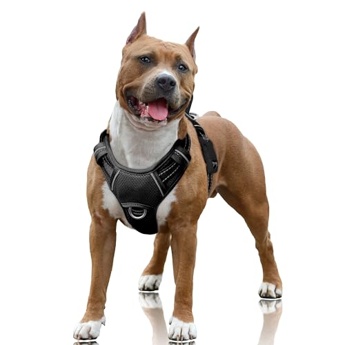 BARKBAY No Pull Dog Harness Large Reflective Dog Harness with Front Clip and Easy Control Handle for Walking Training Running with ID tag Pocket(Black,L)