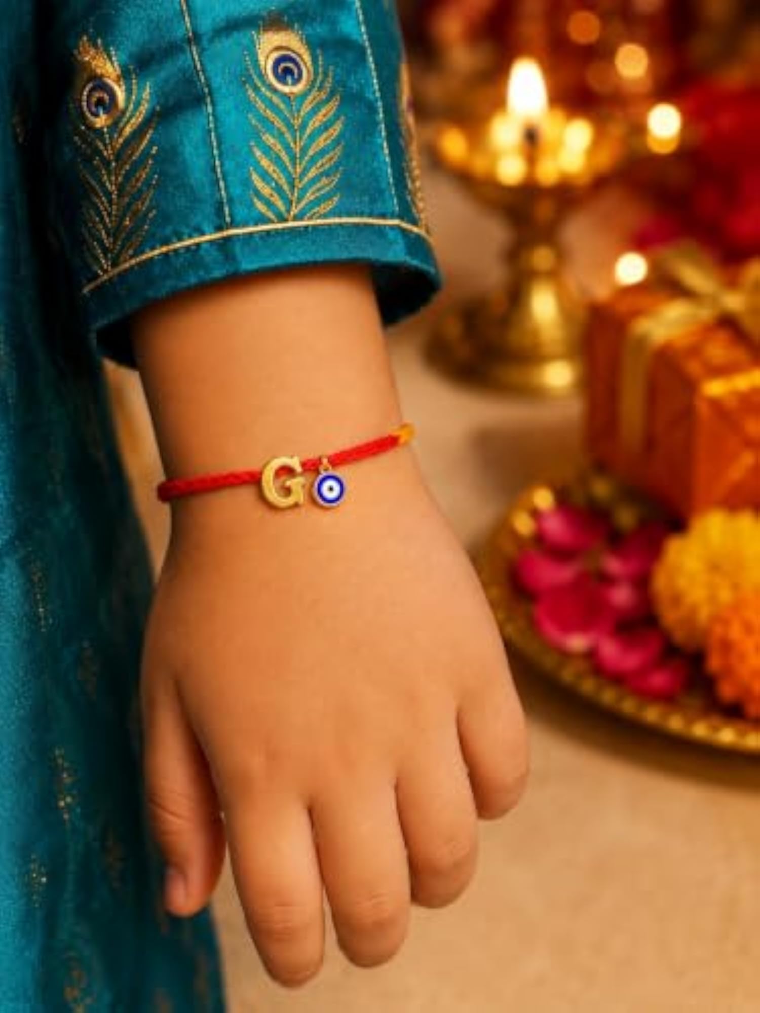Gold Plated G Letter Blue Charm Rakhi for Brother