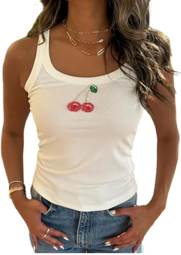 Cute Cherry Beaded Graphic Summer Tank Tops for Women Embroidered Sequin Knit Ribbed Tee Shirt Y2k Beachy Crop Tops