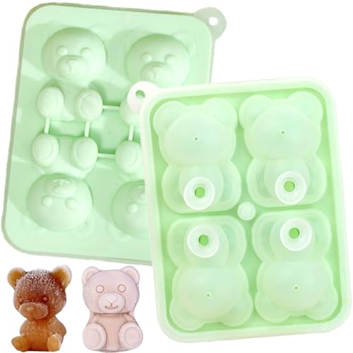 Ice Cube Tray 3D Bear Ice Cube Mold Fun Shapes Silicone Easy Release Flexible Large Craft Ice Trays 4 Giant Big Cute Bear Ice Maker for Cocktails Juice Whiskey Bourbon Freezer (Green)