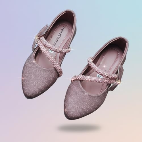 Image of Girls' Patent Mary Jane Shoes with Floral Embellishment, Attractive Colour's, Pearl Flower Welcro Glittery Bellies