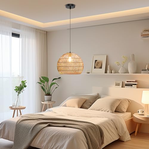 GOPLUS Suspension Luminaire Sphérique 34 x 43 CM, Lustre Salon avec Abat-jour en Papier Huilé,...