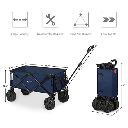 Portal Collapsible Folding Utility Wagon Cart with 8 inches Wheels Telescoping Handle for Outdoor Garden and Beach Use,Blue