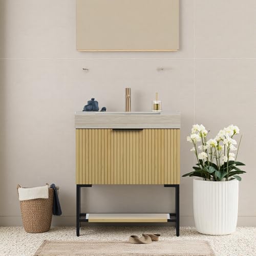 Image of 30 inch Freestanding Bathroom Vanity with Sink, Bathroom Vanity with Sintered Stone Top & Undermount Ceramic Basin, Pre-Assembled Striped Bathroom Storage Cabinet with Drawer & Open Shelf, Oak