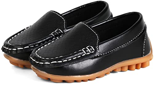 Qietion Toddler Little Kid Boys Girls Soft Slip On Loafers Dress Flat Shoes Black V601-Bk23 #TOP1