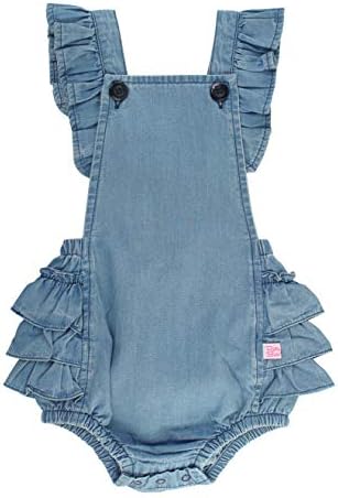 RuffleButts® Baby/Toddler Girls Light Wash Denim Flutter Overall Romper - 6-12m