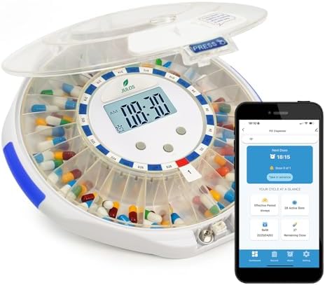 JULOS Bluetooth Automatic Pill Dispenser with Sound/Light/App Alerts for Seniors, Locked 28-Day Medication Organizer, up to 9 Alarms/Day, Pill Dispenser for Vitamins & Supplements & More, Clear Lid