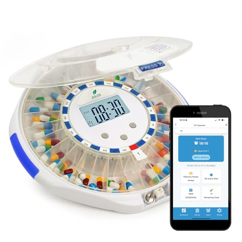 JULOS Bluetooth Automatic Pill Dispenser with Sound/Light/App Alerts for Seniors, Locked 28-Day Medication Organizer, up to 9 Alarms/Day, Pill Dispenser for Vitamins & Supplements & More, Clear Lid