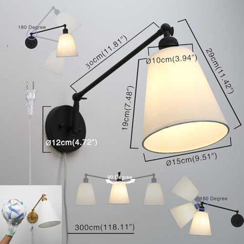 Image of PERMO Retro Swing Arm Wall Sconce Plug in Wall Lamp Black Single Sconce with White Fabric Shade Wall Light Fixture for Bedroom Living Room Office