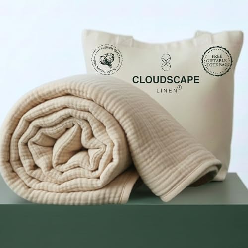 Cloud Scape Linen Oversized 4 Layer Muslin Blanket Queen Size - 100% Cotton, Lightweight & Breathable All Season Gauze, Pre-Washed, fits Full Bed, 92x92, Beige Fog