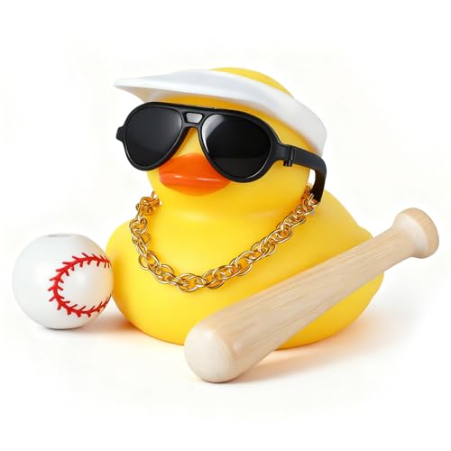 Jyeennar Baseball Rubber Duck Car Decorations, Funny Dashboard Accessories with Visor Hat, Sunglasses, Baseball Bat & Squeaky Design, DIY Car Ornaments
