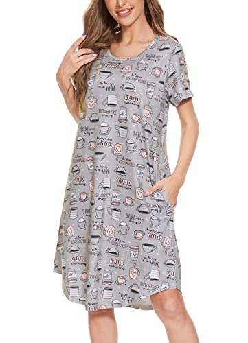 Moyee Women Nightgown Short Sleeve Pajama Dress Nightwear Sleep Shirt Sleepwear With Pockets With Pockets, Coffee Cup, Xx-Large #TOP23