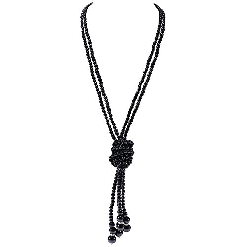 ArtiDeco Gatsby Long Knot Pearl Necklace 1920s Imitation Pearls Necklace 49 and 59 Flapper Necklace (49u0094 Black Pearl Necklace x 2)