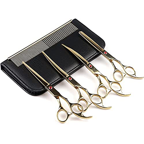 Tijeras de aseo para perros, arco iris de 7 pulgadas de acero inoxidable curvado de tijera de tijera proporcionada con tijeras de adelgazamiento curvadas y juego de peine de aseo de acero (dorado) Cover