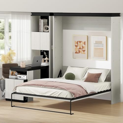 LINKHOO Full Size Murphy Bed with Desk and Storage Shelves and Cabinets, Wooden Folding Wall Bedframe with Slat Support, Saving Space, Easy Assembly, Black+White
