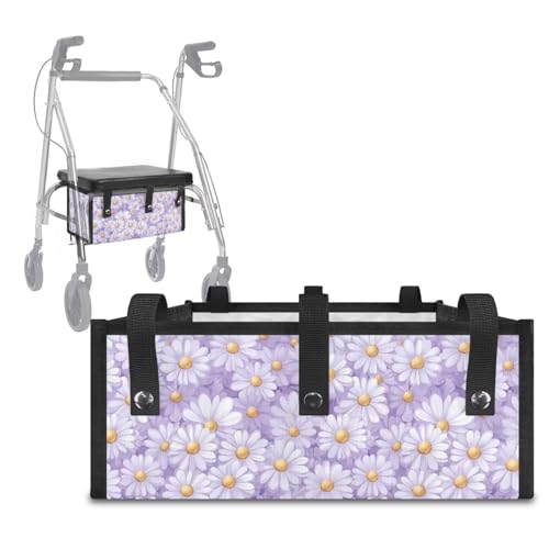 Noprintge Under Seat Rollator Bag or Tote for Four Wheel Rollator, Purple Daisy Print Rollator Walker Replacement Basket, Rollator Basket Accessory Organizer Storage Books and Essentials