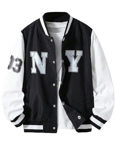 Image of Floerns Boy's Letter Print Colorblock Long Sleeve Varsity Bomber Jacket Without Tee Black and White 9Y