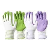 Brigic Bamboo Gardening Gloves 2 pair, Breathable Rubber Coated, Outdoor Work Garden Gloves For Women, Green & Purple (Small)