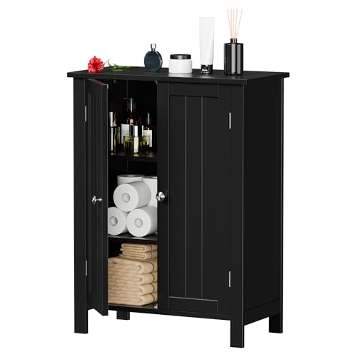 ZENY Bathroom Floor Storage Cabinet with Double Door + Adjustable Shelf, Wooden Organizer Cabinet for Living Room, Bathroom, Bedroom, Modern Home Furniture (Black)