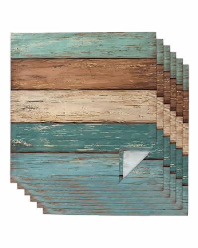 Kewadony Teal Cloth Napkins Set of 6, Turquoise Green Brown Wood Cocktail Napkins 20 x 20 Inch, Retro Farmhouse Rustic Barn Washable Reusable Dinner Table Napkins for Wedding Holiday Party