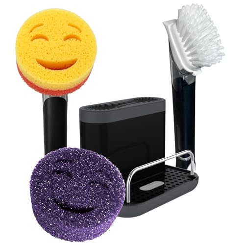 Image of The Original Smiling Handle with Soap Dispensing for Scrub Daddy Sponges & Scrub Moji Sponges with Smilyeez Smile Caddy & Dishwand with 2 Scrub Brushes (Black)