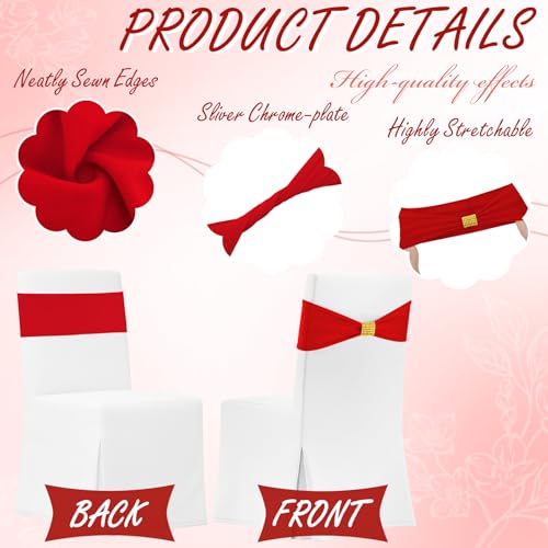 Hahafelt 100 Pcs Spandex Chair Sashes Bows with Rhinestone Ring Buckle Slider Elastic Universal Bowknot Chair Cover Bands Ties for Wedding Banquet Ceremony Event Party Decoration (Red) by Hahafelt - Image 3