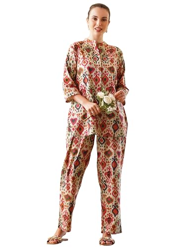 Image of Cotton Relaxed Fit Shirt & Trouser Co-Ord Set for Women |Front Openable Button and 3 /4 Sleeve Shirt |Two Pockets and Elasticated Waist Trouser | Casual Wear and Everyday Wear