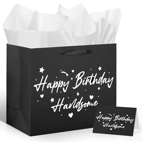 Innovoscape Black Birthday Gift Bag for Men Boys Handsome Birthday Party Bag with Tissue Paper and Greeting Card Bday Gifts for Men Husband Boyfriend Brother Party Decoration Supplies