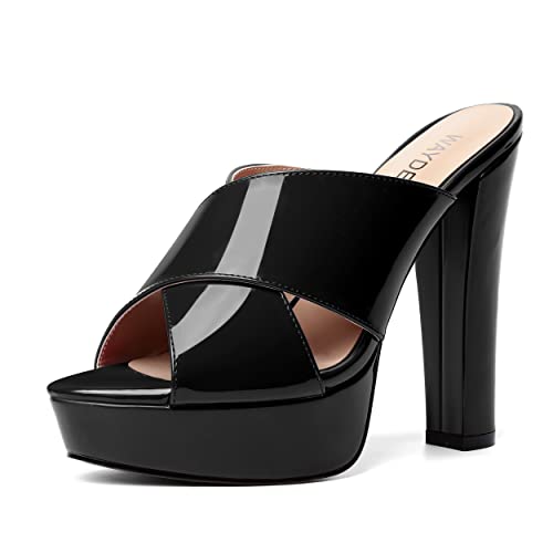 WAYDERNS Womens Slip On Patent Peep Toe Dating Fashion Block High Heel Platforms Sandals 5 Inch