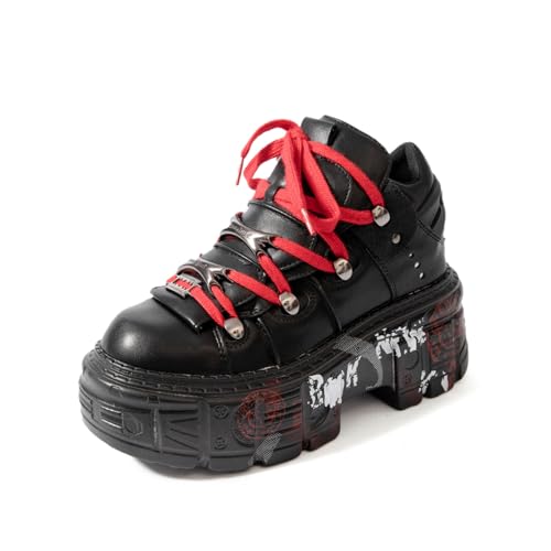 Punk Round Toe Platform Shoes Graffiti Design with Red Laces