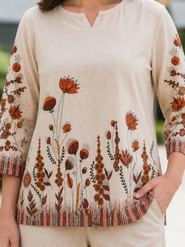 Image of Bollyclues Women's Cotton Floral Printed Top | 3 /4 Sleeve V-Neck Casual Tunic | Stylish Printed Tops for Office, Workwear