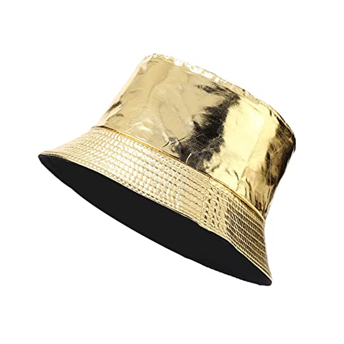 IHAUIUE PU Leather Metallic Bucket Hat Trendy Solid Color Fishing Cap Reversible Packable Sun Hats for Women Men Gold