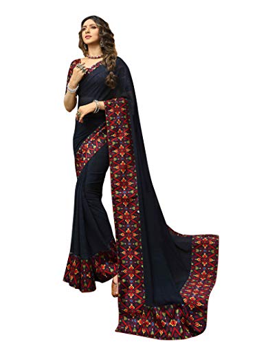 RAJESHWAR FASHION WITH RF Women's Printed Georgette SareeWith Blouse(A40 DARK BLUE NEW_Blue)