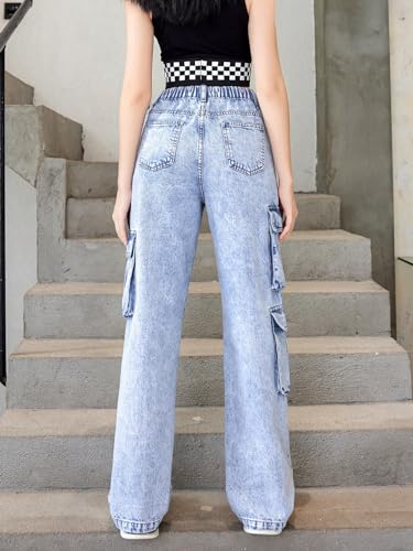 WDIRARA Girl's Flap Pocket High Waist Cargo Jeans Elastic Band Straight Leg Long Denim Pants2