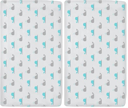 Image of TL Care 100% Natural Breathable Cotton Jersey Knit Fitted Bassinet Sheet, Aqua Whale, 15 inch x 33 inch, Soft Breathable, for Boys and Girls (Pack of 2)