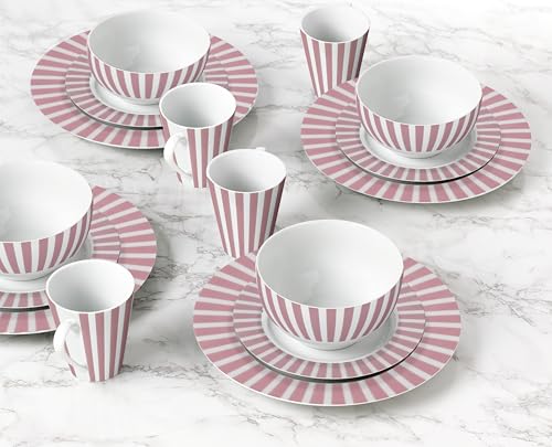 Waterside 24pc Pink Stripe Porcelain Dinner Set; 4 Dinner Plates, Side Plates, Deep Bowls & Mugs - Dishwasher & Microwave Safe