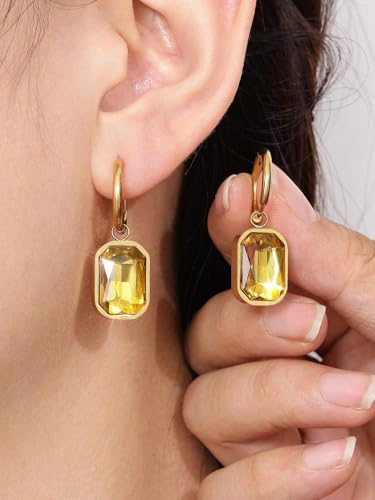 Image of El Regalo Stainless Steel Rectangular Cut Rhinestone Hoop Earrings - Elegant 18K Gold Plated Waterproof Vintage-Inspired Cubic Zirconia Huggie Hoops for Women