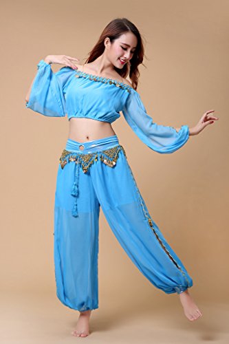 Zltdream Belly Dance Chiffon Long Sleeves Top And Lantern Coins Pants Light Blue #TOP2