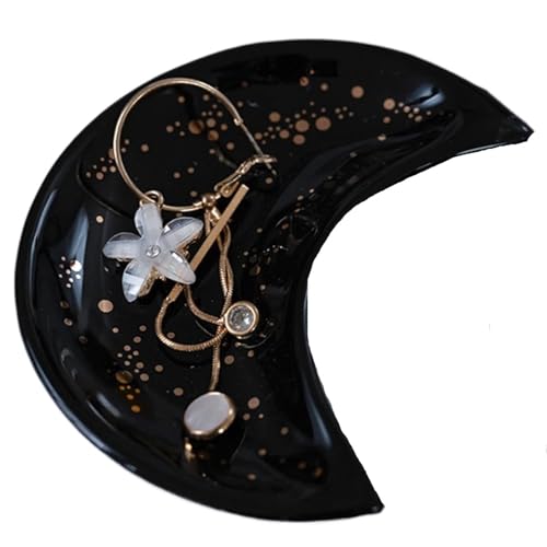 PPQIRU Vide-Poches Assiettes de rangement en céramique forme lune, petits plats à bijoux, boucles d'oreilles, colliers, bagues, présentoir desserts aux fruits, plateaux décoration(Black A)