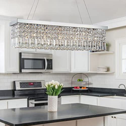 Image of Modern Crystal Lamp, Height Adjustable Rectangular Pandant Light Fixture for Dining Room, Living Room, Kitchen Island, Wide 30-Inch, Installation Video Available