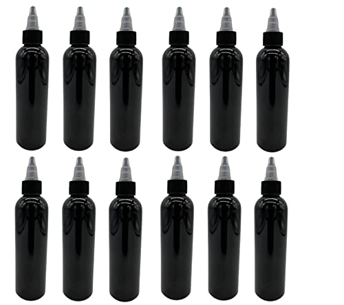 Natural Farms 4 oz Black Cosmo Plastic Bottles -12 Pack Empty Bottle Refillable - BPA Free - Essential Oils - Aromatherapy | Black/Natural Twist Top Cap - Made in the USA