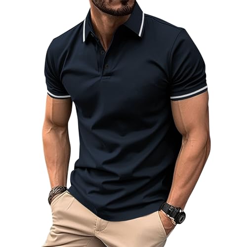 EDITCOZY Polo Homme Manches Courtes Golf Pull Casual Coton Jersey Top Classique La Marine 2XL