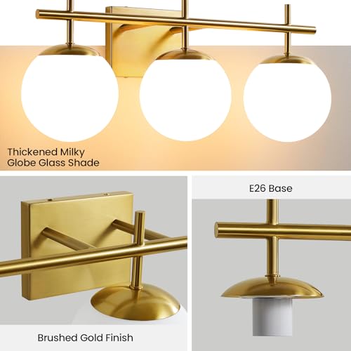 AIJIASI Gold Bathroom Light Fixtures, 3-Light Bathroom Vanity Light Over Mirror, Modern Vanity Lighting Fixtures with Milky White Globe Glass Shade, 22.4 inch Wall Sconce Light (Exclude E26 Bulb) by AIJIASI - Used condition - Image 8