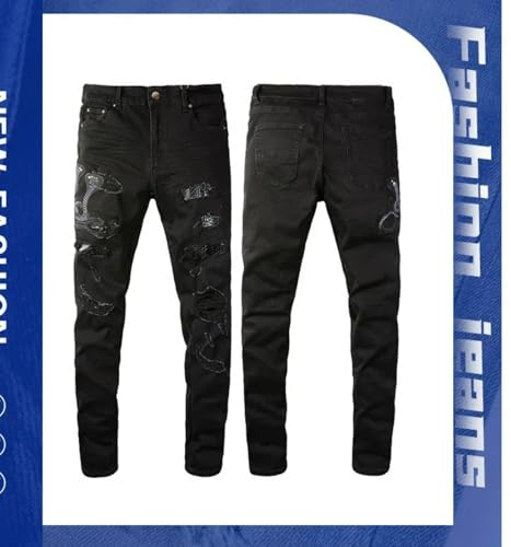 Jeans Pants Trousers Denim Ripped Worn Holes Elastic Tight Personality Embroidered Snake Fold Fringed Black Casual Straight Leg for Men(Black,29)4