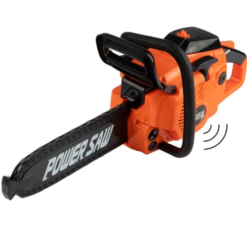 HEY! PLAY! Toy Chainsaw - Fake Outdoor Power Tool for Pretend Play - Battery-Powered with Pull Cord, Rotating Chain, and Realistic Sounds (Orange)