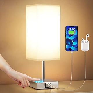 Aooshine Touch Control Table Lamp with USB A+C Charging Ports, Small Touch Lamp for Bedroom, 3 Way Dimmable Bedside Lamps with Grey Fabric Shade and Silver Base for Living Room (LED Bulb Included)