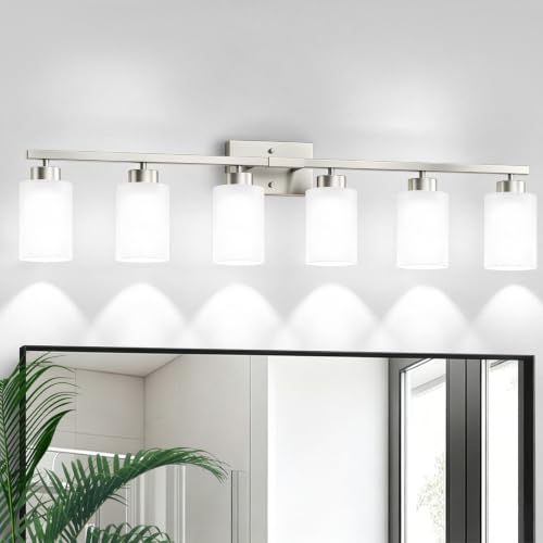 Image of IZORRO Bathroom Light Fixtures, Modern Vanity Lights, Bathroom Lighting Fixtures Over Mirror with Milky White Shade, Wall Sconce for Living Room Cabinet Bedroom (Brushed Nickel, 6-Light)